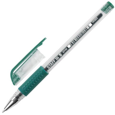 Ручка гелевая STAFF, корпус прозрачный, узел 0,5мм, линия 0,35мм, резиновый упор, зеленая, 141825
