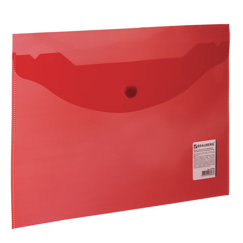 Папка-конверт с кнопкой BRAUBERG, А5, 240*190 мм, 150 мкм, прозрачная, красная, 224026