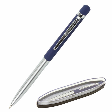 Ручка подарочная шариковая BRAUBERG Ottava, СИНЯЯ, корпус серебристый с синим,линия 0,5мм, 143487
