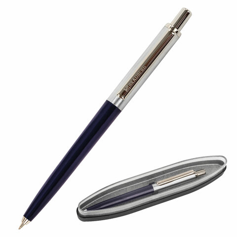 Ручка подарочная шариковая BRAUBERG Soprano, СИНЯЯ, корпус серебристый с синим, 0,5мм, 143484