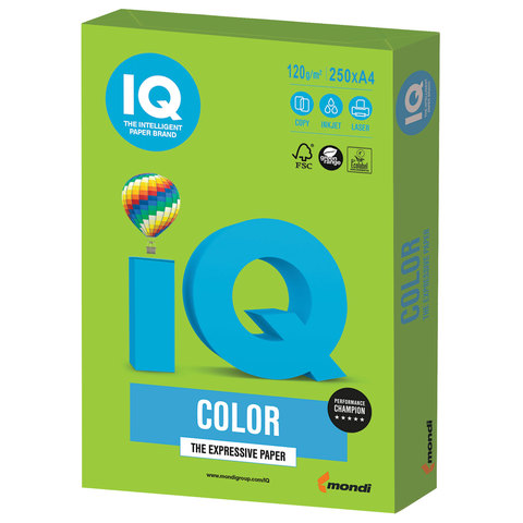 Бумага цветная IQ color А4, 120 г/м, 250 л, интенсив, ярко-зеленая, MA42, ш/к 07104