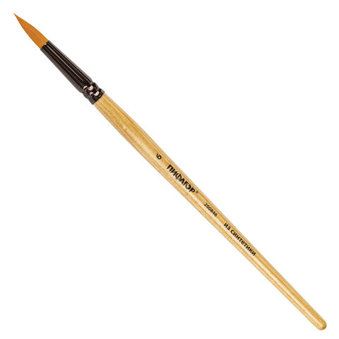 Кисть ПИФАГОР, СИНТЕТИКА, круглая, № 6, деревянная лакированная ручка, с колпачком, пакет, 200846